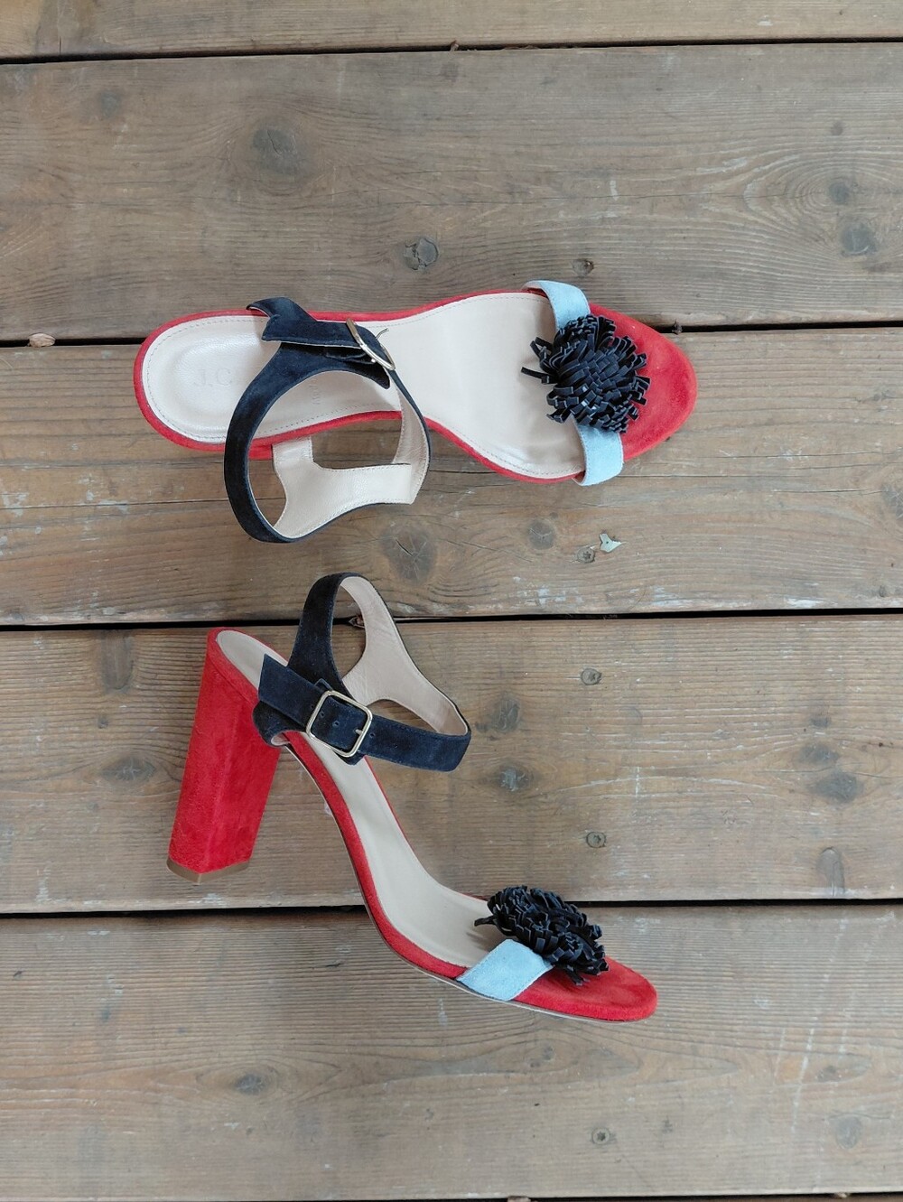 J Crew Italy Womens Sz 10 Leather Sandals Colorblock Pom Pom Pumps